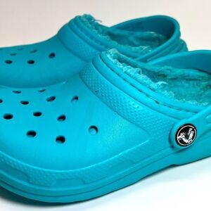 Crocs Kids Classic Lined Clog C13 Blue Turquoise Fuzzy Slip On Shoes Warm